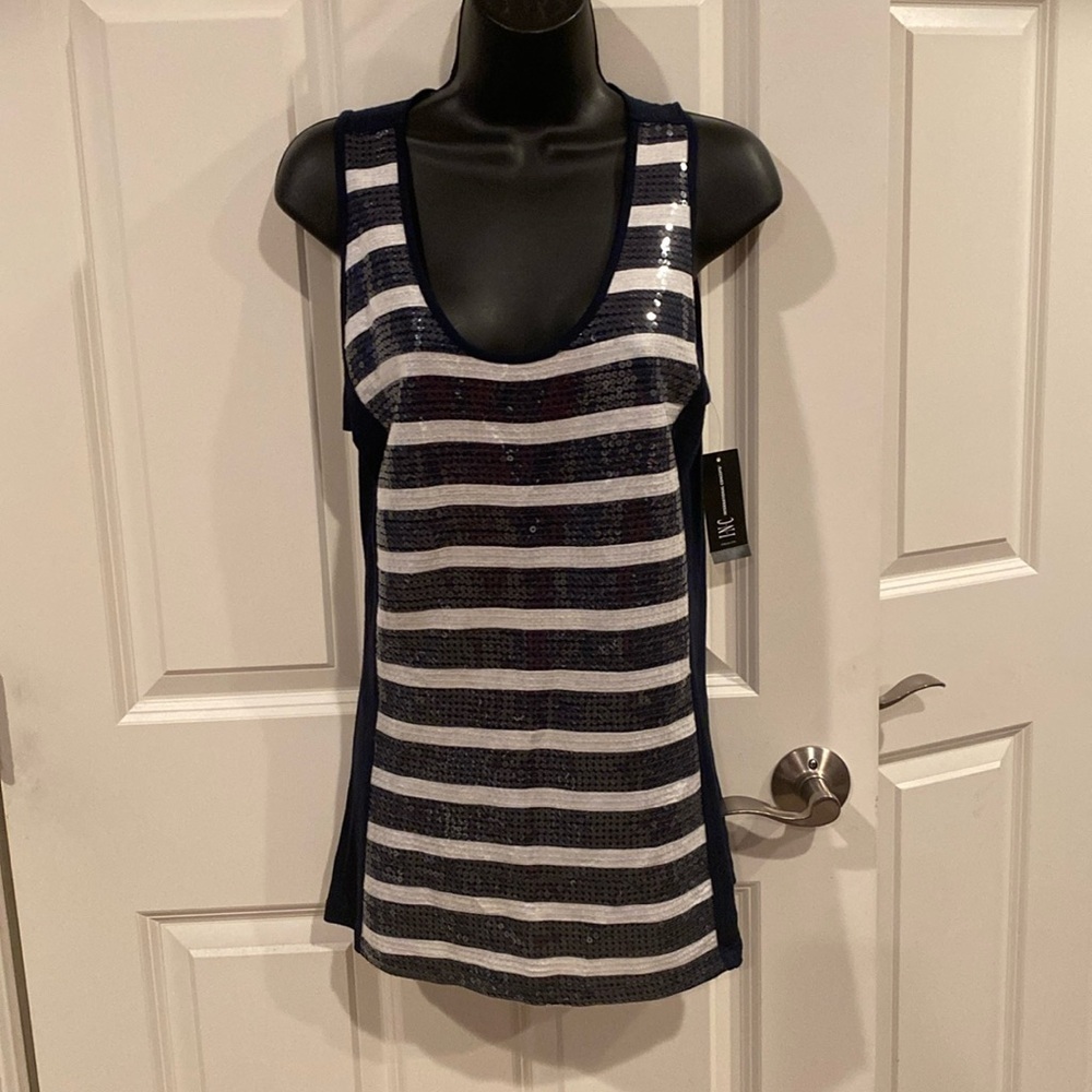 INC International Concepts Navy and White Striped Sequin Tank Top